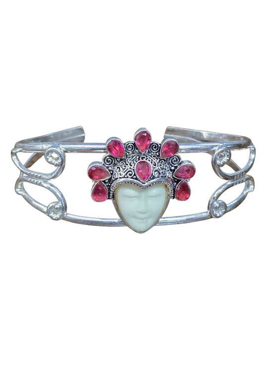 Unknown Jewelry - 925 Sterling Silver Cuff Bracelet Red Stone Goddess Face Mask Open‎ Bangle